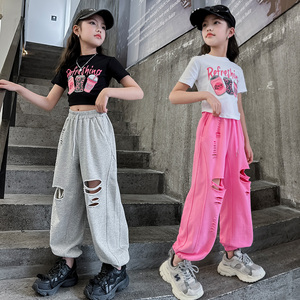 爵士舞服装女童夏季新款黑白露脐T恤嘻哈潮酷儿童街舞练功表演服