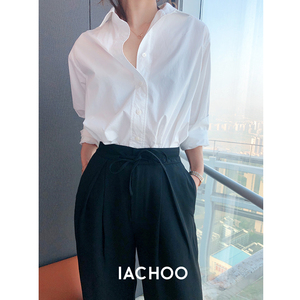 IACHOO 冷淡风宽松慵懒风设计感小众纯棉法式白色衬衫长袖女