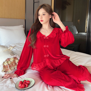 红色本命年新婚丝绒睡衣女春秋季套装高级感甜美新中式国风家居服