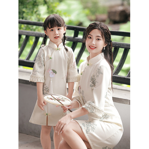亲子装母女旗袍中国风长袖秋装新款2024儿童女童童装连衣裙短款女