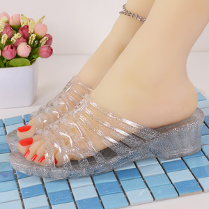 水晶塑料高跟女拖鞋夏时尚厚底凉拖鞋透明塑胶防滑室外穿妈妈拖鞋