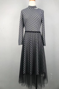 永恒颜色新款秋季黑白格七分袖气质优雅流行连衣裙M498L843