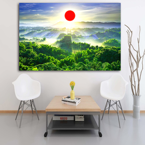 森林大山风景贴画日出东方简约客厅带框挂画靠山图红太阳风水壁画
