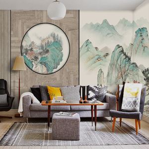 中式山水电视壁纸沙发卧室古色国画格栅木纹壁画茶室无缝环保壁布