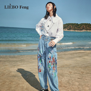 裂帛LIEBOFeng设计师品牌2023高街时髦涂鸦风高腰浅蓝色牛仔长裤
