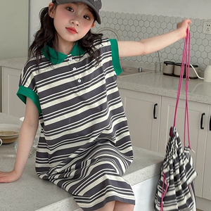 女童夏季条纹连衣裙2024新款韩版女大童夏装儿童长款T恤短袖裙子
