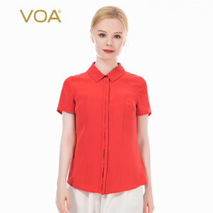 VOA30姆米重磅真丝尖领暗扣门襟短袖清爽干净纯色夏季桑蚕丝衬衫