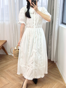 『仙女气息』DO~白色蕾丝刺绣风琴褶娃娃领长裙法式泡泡袖连衣裙