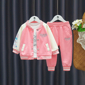 春秋季女童棒球服洋气儿童三件套一岁女宝宝秋装卡通外套秋季套装