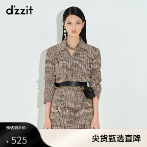 dzzit地素奥莱秋冬深卡其色工装风格子休闲棉服外套女3D1H302