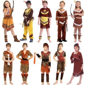 儿童野人演出服非洲土著原始人衣服舞蹈豹纹装猎人印第安表演服装