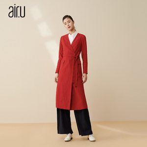 air.u皑如风衣女春秋2022年红色条纹气质系带中长款外套百搭外衣