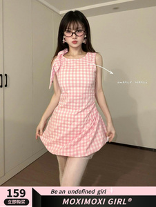 MOXI粉红泡泡 夏季打结褶皱连衣裙小众设计感无袖格子花苞裙
