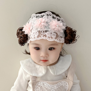 婴儿发带新生宝宝小月龄护囟门帽可爱超萌新生儿公主蕾丝假发发饰