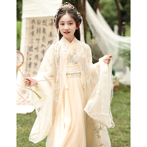 女童汉服夏季薄款仙气飘逸古装中国风儿童小女孩香槟色广袖仙女裙