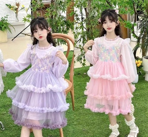 女童珍珠蝴蝶结提花公主蛋糕裙春秋新款紫色粉色洋气超仙蓬蓬沙裙