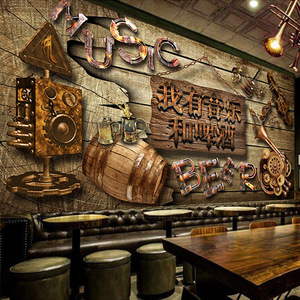 3d立体酒吧装修风格装饰个性音乐主题创意复古壁画背景墙墙纸