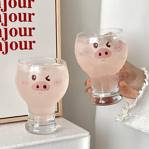 可爱猪猪啤酒杯家用高颜值卡通创意玻璃喝水杯女生牛奶果汁饮料杯