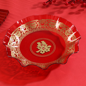结婚庆喜庆糖果盘喜字红色客厅水果干果托盘中式圆形塑料喜盘子
