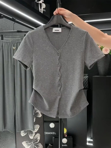夏季新款灰色复古v领短袖针织开衫女洋气减龄波浪纹满天星t恤上衣