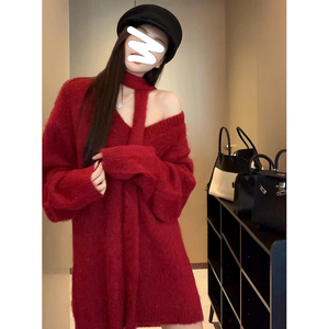 过年穿搭大红色毛衣女秋冬2024新年衣服宽松水貂绒毛线衣加绒加厚