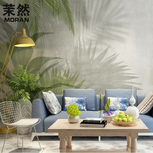 东南亚绿色棕榈叶墙纸热带雨林植物叶子壁纸北欧客厅沙发背景墙布