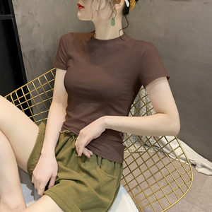 莫代尔咖色短袖T恤女2024夏季韩版紧身百搭半高领打底半袖上衣ins