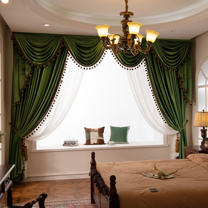新款高档美式复古绿纯色遮光绒布窗帘头客厅卧室欧式窗帘定制成品