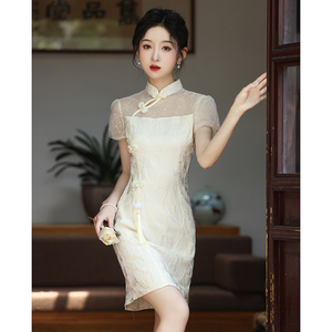 白色旗袍改良年轻款少女小个子150cm显高短款法式新式连衣裙女夏
