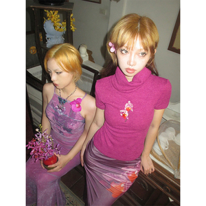 SWAG 紫色蝴蝶兰新中式复古刺绣针织上衣T恤丝绒中场半裙套装夏女