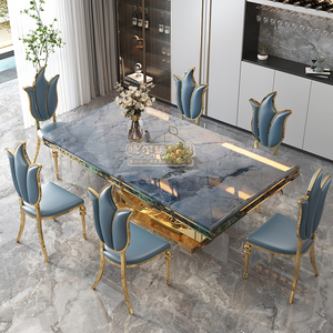 轻奢亮光岩板餐桌椅后现代简约意式小户型不锈钢长方形大理石餐桌