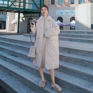 米色菱格羽绒棉服女中长款2024冬季新款韩版时尚宽松拼接加厚棉衣