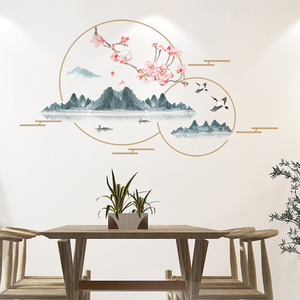 中国风背景客厅墙面装饰墙壁贴纸墙贴墙上自粘高级感山水风景贴画