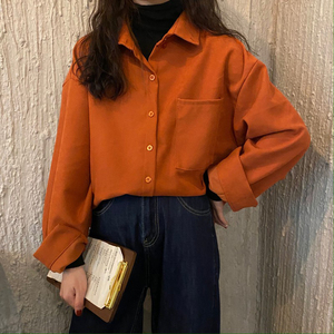 橙色磨毛灯芯绒衬衫女春秋打底内搭设计感小众法式高级感上衣外套