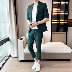 夏季薄款墨绿色短袖西装男套装韩版修身七分袖小西服外套男士休闲