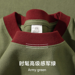 二本针精梳棉  270g重磅军绿色撞色短袖t恤男草绿色拼接上衣女夏