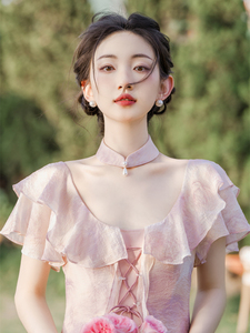 甜美多巴胺女装新中式国风年轻款改良宴会法式紫粉色连衣裙初恋