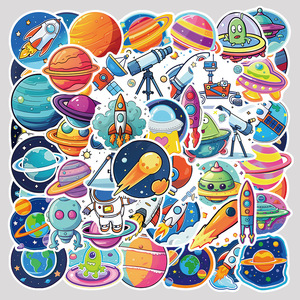 50张奇幻手绘太空星球宇宙卡通贴纸手机壳吉他滑板头盔防水贴画
