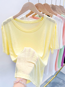 超薄冰丝短袖t恤女夏季2024新款宽松透明透视面膜鹅黄色上衣半袖
