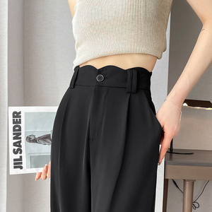 黑色冰丝哈伦西装裤女夏季设计感高腰九分直筒裤小个子窄版阔腿裤