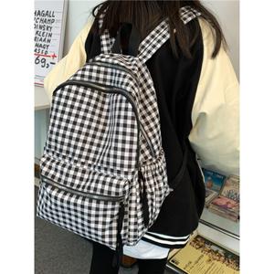 新款黑白格子双肩包女日系简约校园文艺学生书包休闲大容量背包