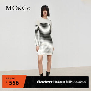 【MOCO奥莱】秋镂空针织条纹连衣裙羊毛混纺显瘦摩安珂