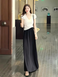 黑色百褶半身裙女夏季新款高级感高腰垂感中长款法式套装裙两件套