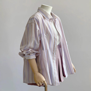 广州十三行女装~粉紫色条纹衬衫女夏舒适穿搭叠穿防晒衬衣外套潮