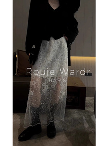 Rouje Wardr法式亮片重工蕾丝半身裙女春秋高腰高级感包臀纱裙子