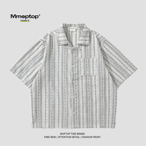 Mmoptop夏季日系复古短袖衬衫男士休闲度假条纹五分袖沙滩衬衣男