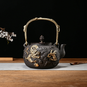 日式提梁铸铁茶壶纯手工鎏金老铁壶电陶炉烧水茶壶茶具套装