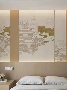 新中式楼阁刺绣硬包客厅沙发电视背景墙茶室酒店宾馆卧室床头硬包