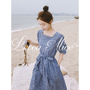 Lecea Alice蓝色碎花连衣裙2024夏季新款韩版宽松优雅气质长裙女