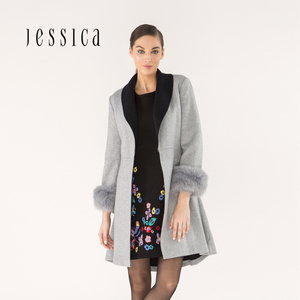 JESSICA杰西卡冬 兔羊毛呢大衣女士中长款裙型外套狐狸毛